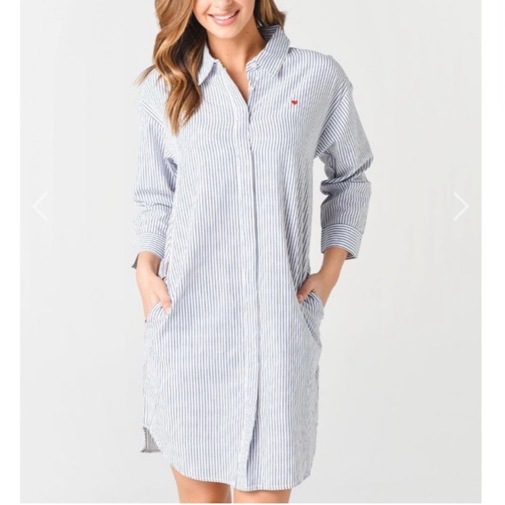 Sundry Striped Shirt Dress Embroidered Heart White Blue Size 1 - Small